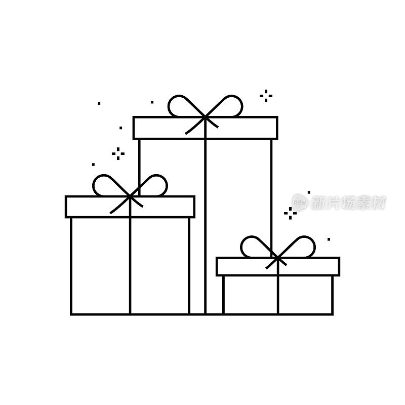Gift Box and Merry Christmas, Happy New Year Line Icon